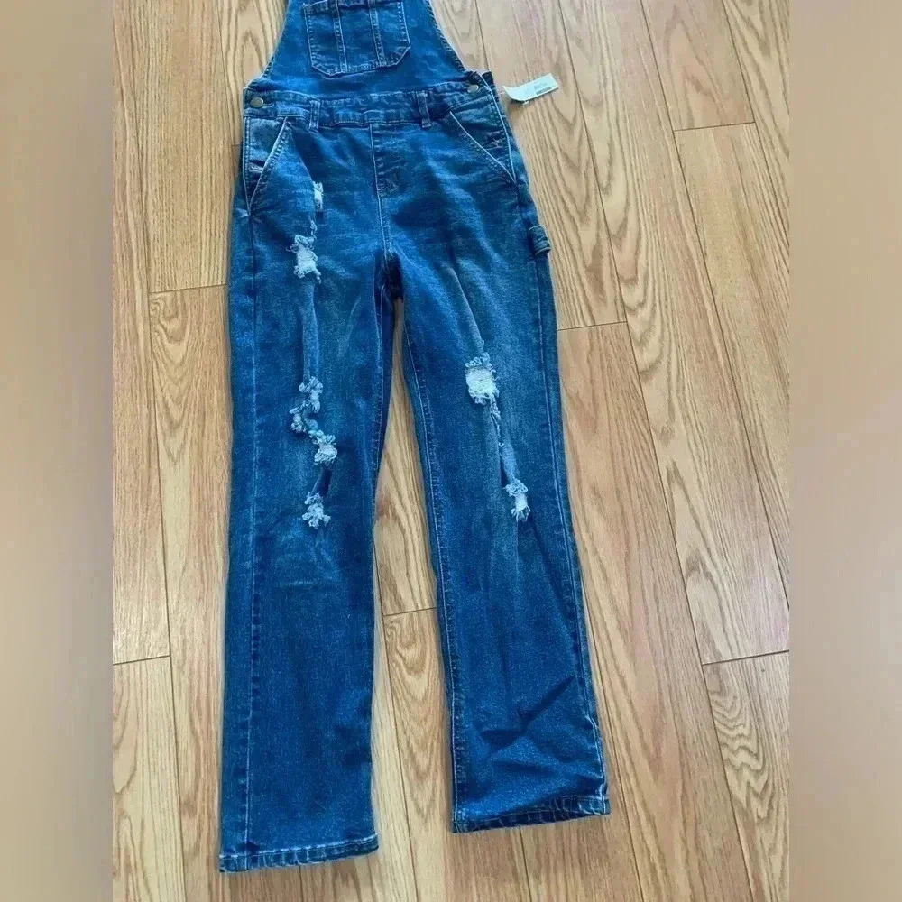 NEW NO BOUNDARIES OVERALL JEANS BLUE SIZE  SMALL 3-5 DESTROYED - Picture 7 of 8